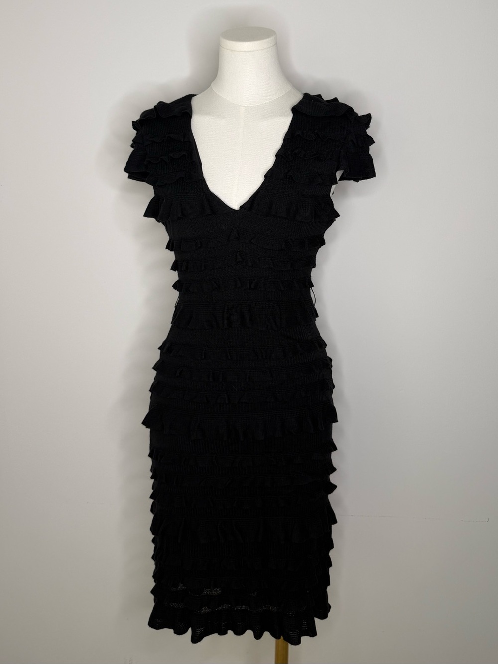 All in Favor Black Ruffled V-Neck Midi Dress